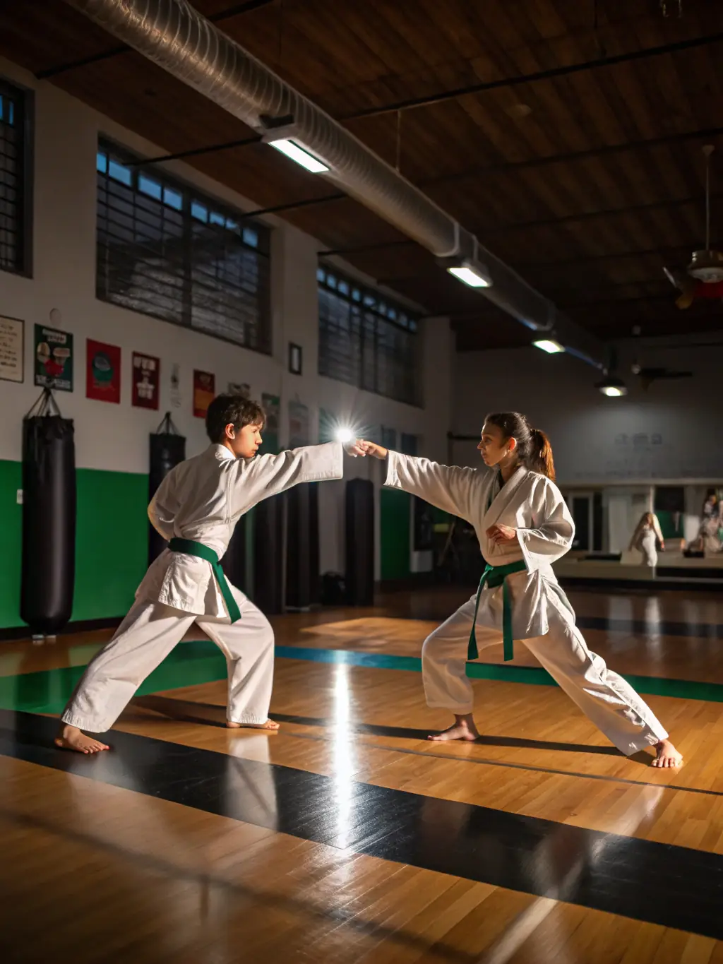 A dynamic image of students practicing Ju-Jutsu techniques in a well-equipped dojo, showcasing discipline and teamwork.