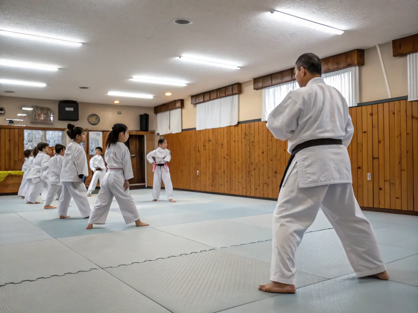 A group of students practicing combat Ju-Jutsu techniques in a dojo, focusing on self-defense and discipline.