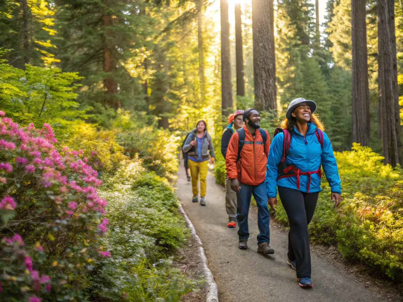 A group of people hiking through a scenic French landscape, enjoying the natural beauty and camaraderie, with mountains and forests in the background.