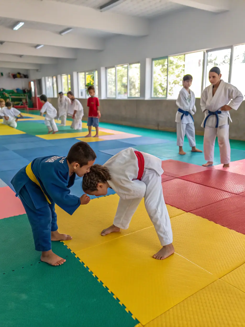A group of children participating in a judo class, focusing on discipline and respect.