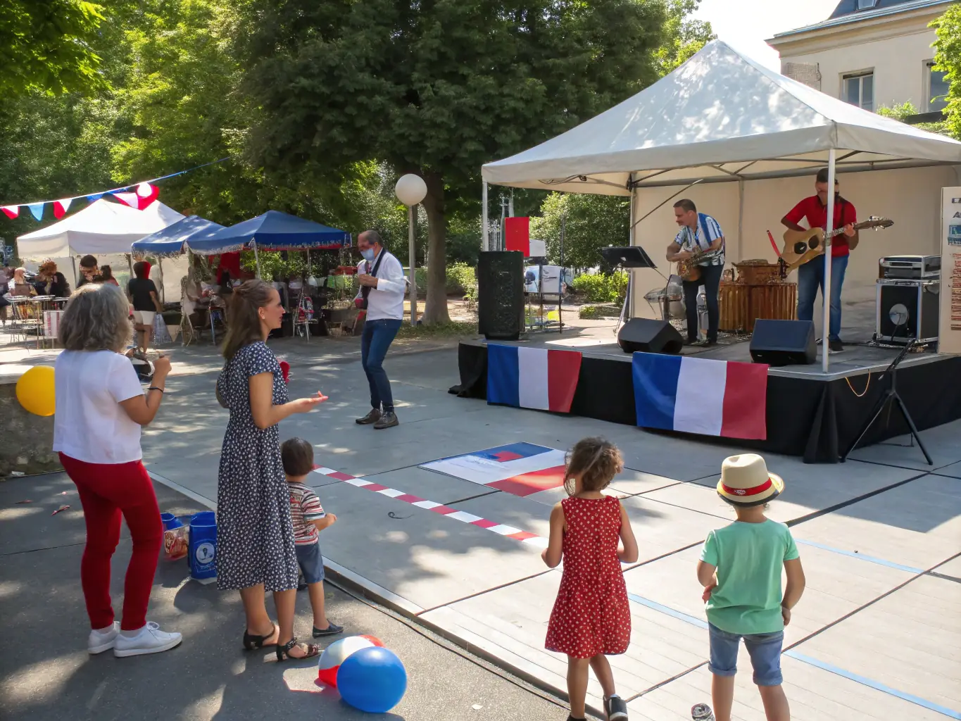 A vibrant scene of participants engaged in a cultural exchange event, showcasing traditional French and international customs, with music, dance, and food.