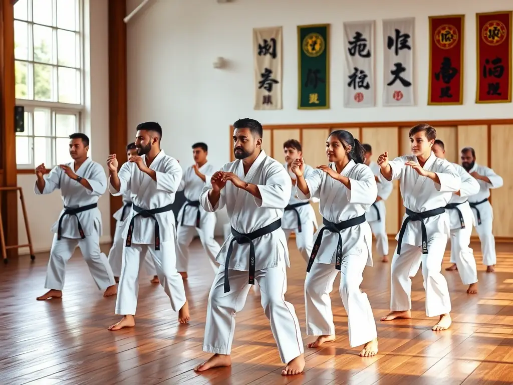 A group of diverse individuals participating in a combat Ju-Jutsu training session, focusing on technique and discipline, set in a modern dojo with mats and training equipment.