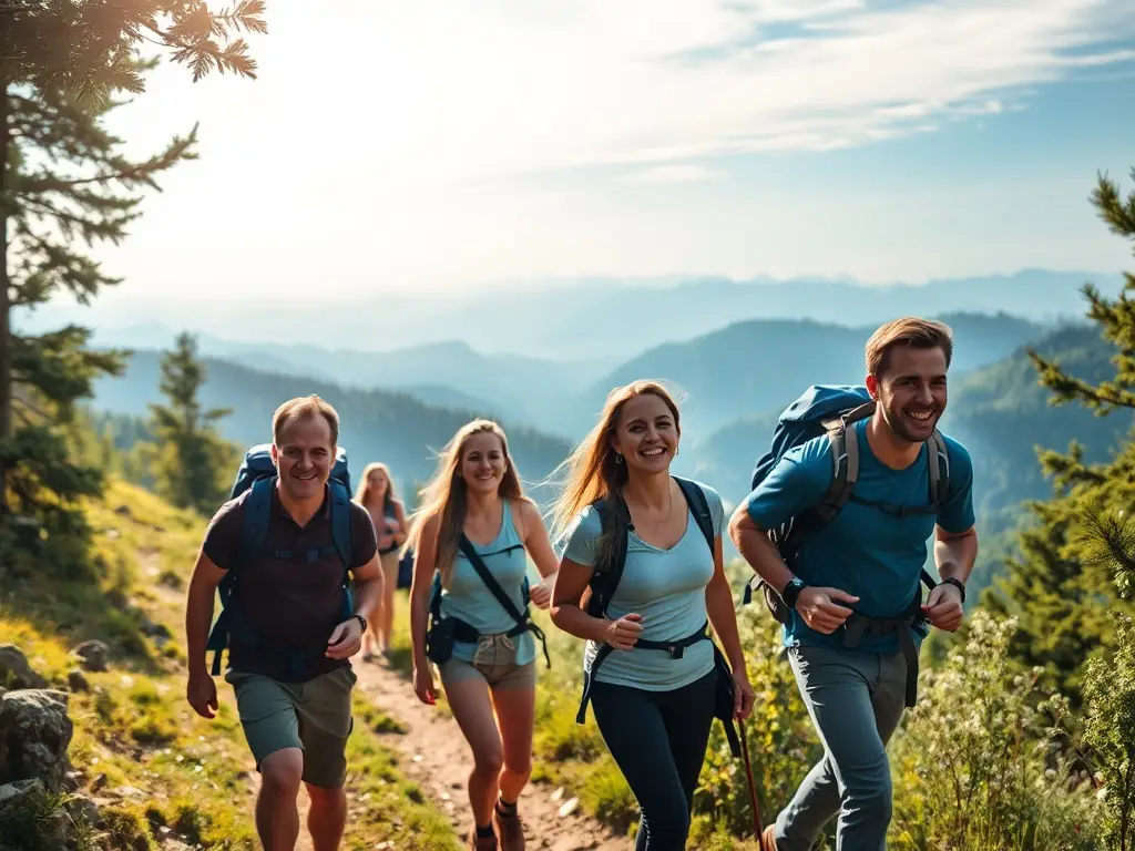 Participants hiking in a scenic natural environment, enjoying the physical and mental benefits of outdoor activities.