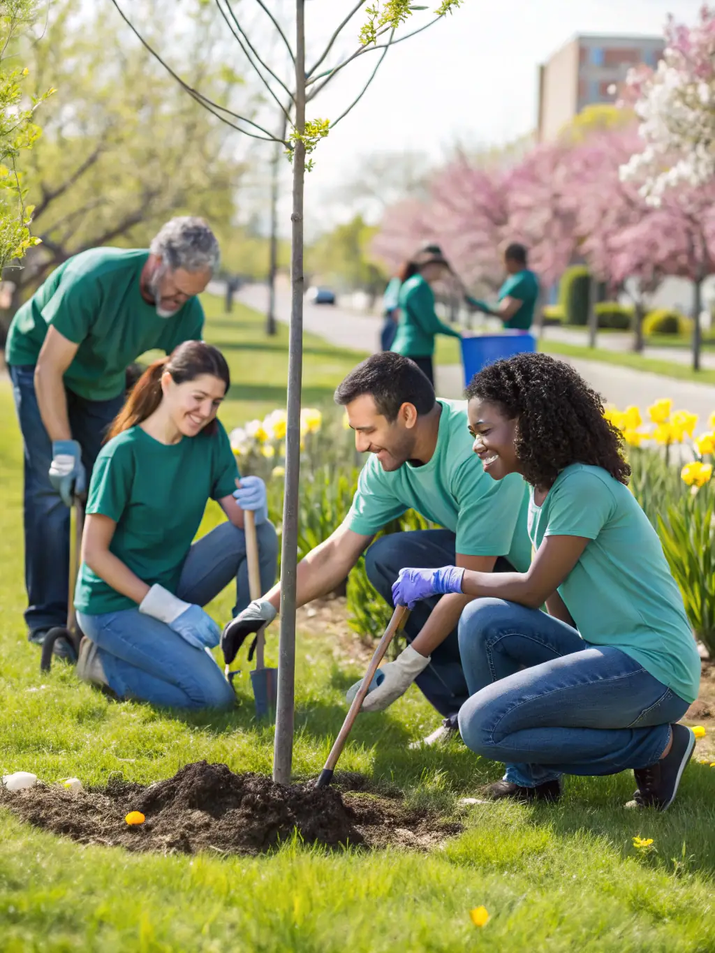 A photo of volunteers participating in a community service project, showcasing teamwork and social responsibility.
