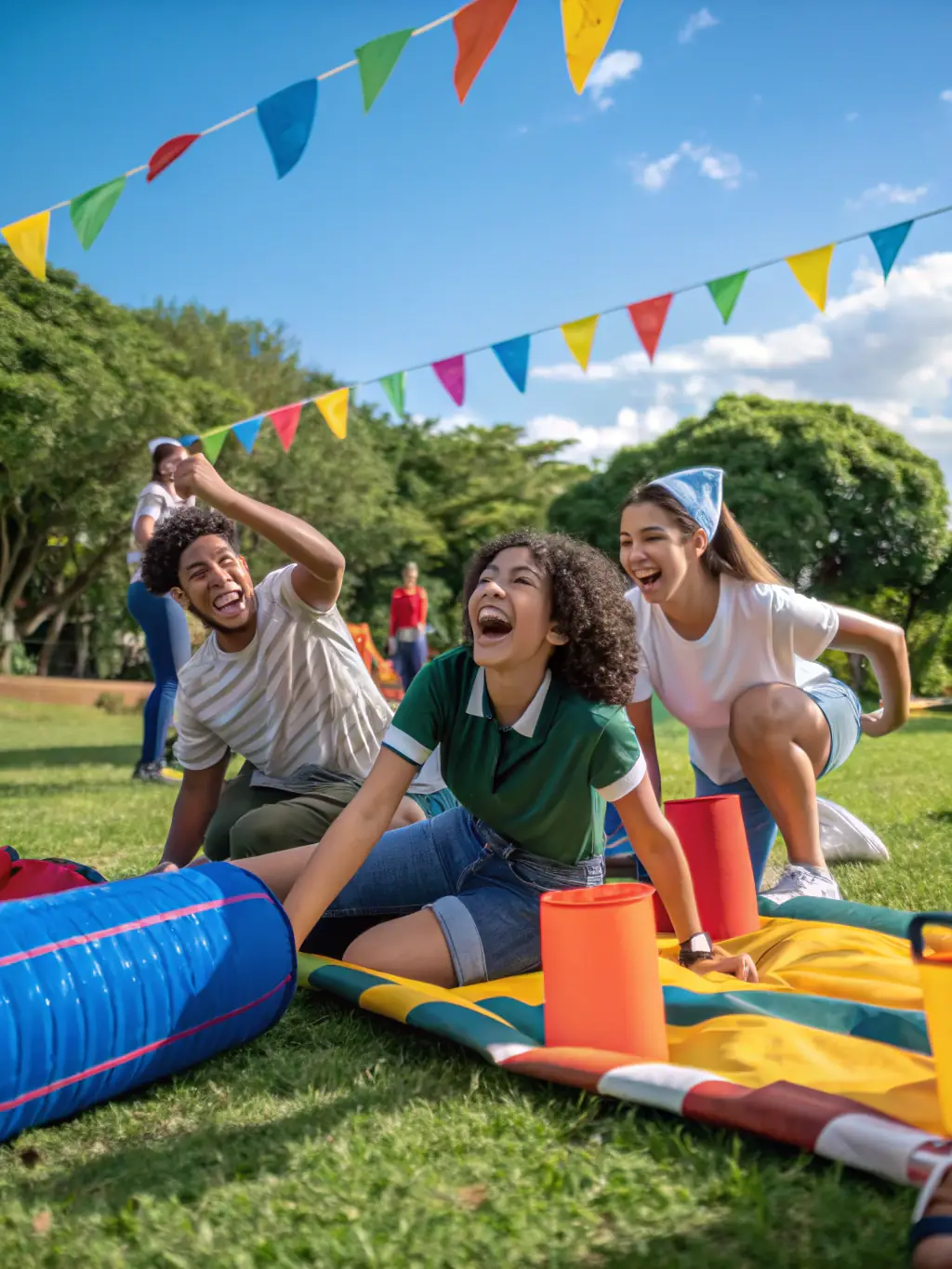 An outdoor scene of members participating in a cultural festival or outdoor team-building activity in a scenic natural setting.