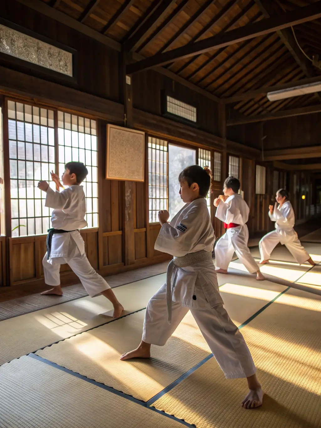 A diverse group of CJJCF members participating in a martial arts training session, showcasing teamwork and discipline.